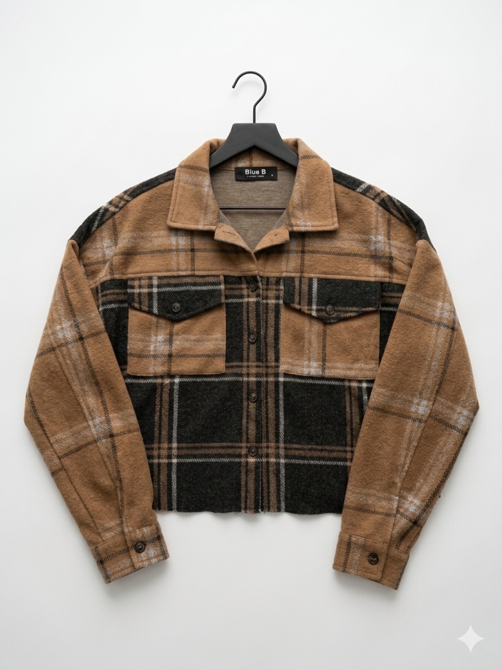 Blue B Women's Tan & Black Plaid Lightweight Shacket